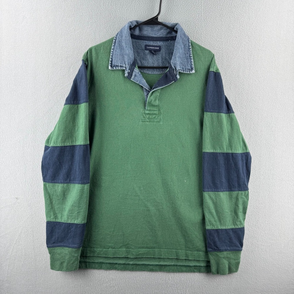 Vintage Lands End Rugby Shirt Mens Large Green Cotton Long Sleeve Polo Y2K Prep